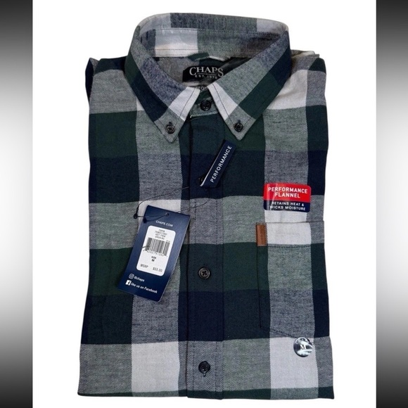 CHAPS "Performance" Flannel Shirt Navy /Green Plaid Men’s Size M New With Tags - Picture 4 of 7